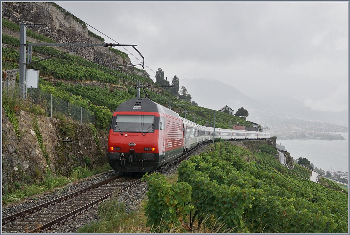 Impressionen vom nicht so gelungenen ersten  Umleitungswochenende  über die  Train des Vignes  Strecke infolge baubedingter Streckensperrung Vevey- Lausanne. 

Talwärts bieten die 38 Promille Rampe der  Train des Vignes Strecke  kaum Probleme, und so fährt die Re 460 mit ihrem IR/RE problemlos in Richtung Vevey. 

29. August 2020