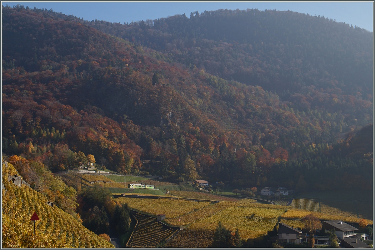 In den  goldenen  Rebbergen von Aigle ist ein ASD BDe 4/4 mit Bt auf dem Weg nach Les Diablerets. 

1. Nov. 2015