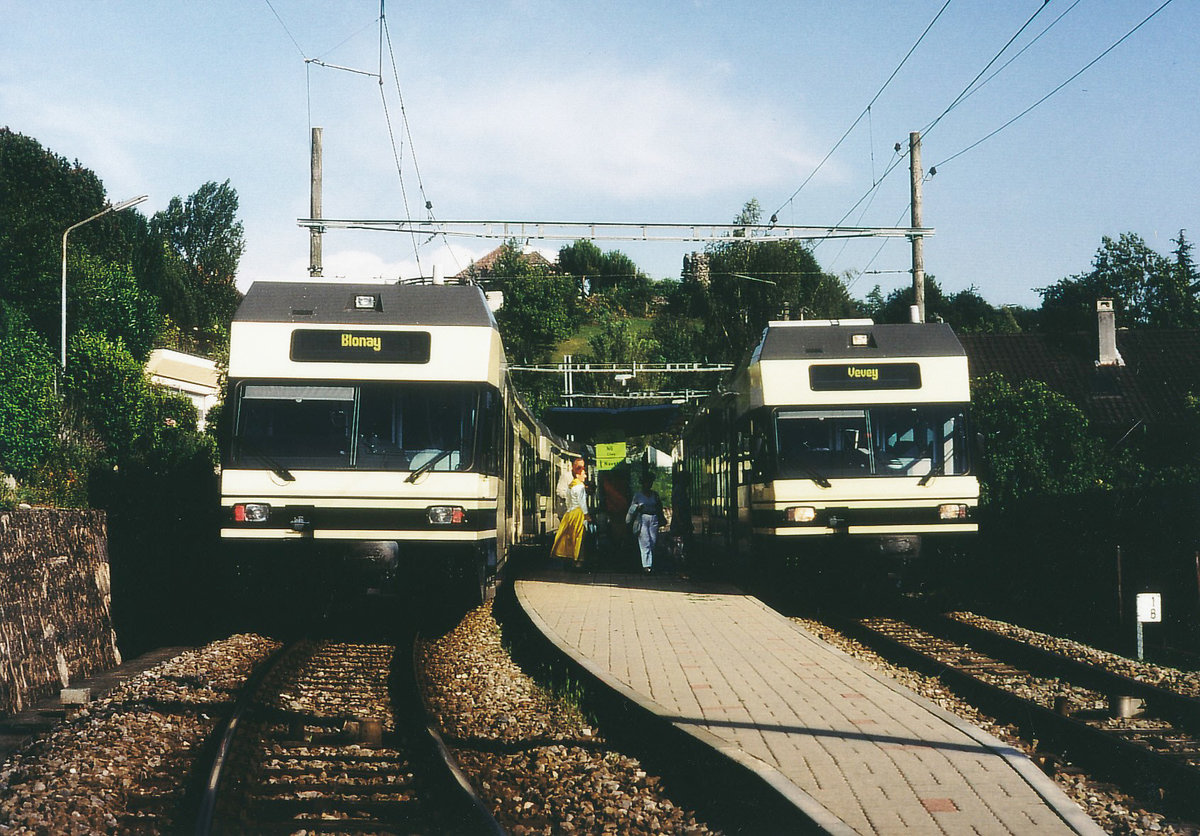 MVR/CEV: Trotz modernen Triebzügen, bereits historische Aufnahmen, entstanden 1999 oberhalb Vevey.
Foto: Walter Ruetsch