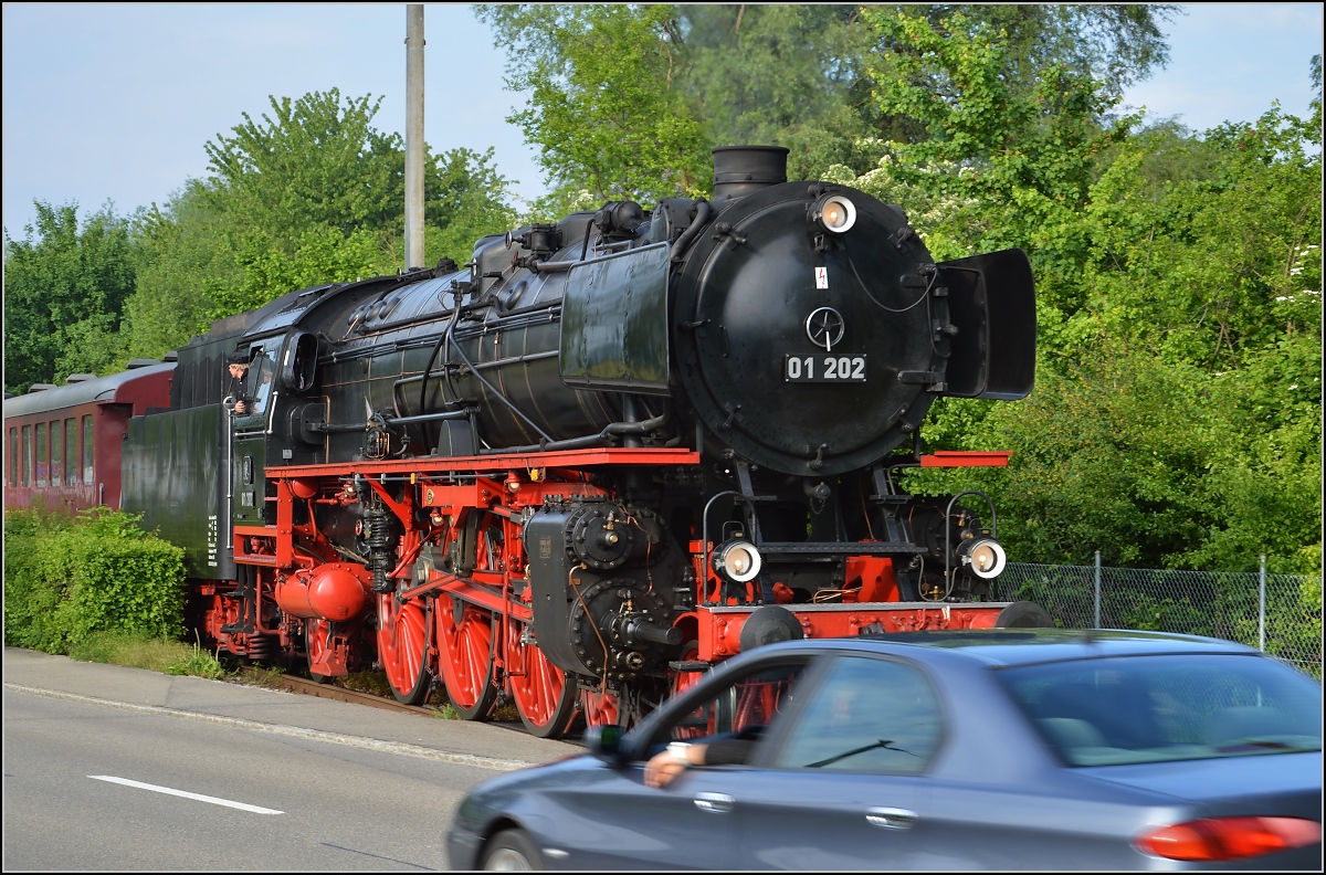 Nach getaner Arbeit, die W�gen werden auf den Gleisen, die einst dem Trajektverkehr dienten, abgestellt. Der Autofahrer kann seine Ungeduld kaum bremsen und f�hrt trotz noch immer gezeigter roter Flagge der Posten rasant am Zug vorbei. Romanshorn, Mai 2015.