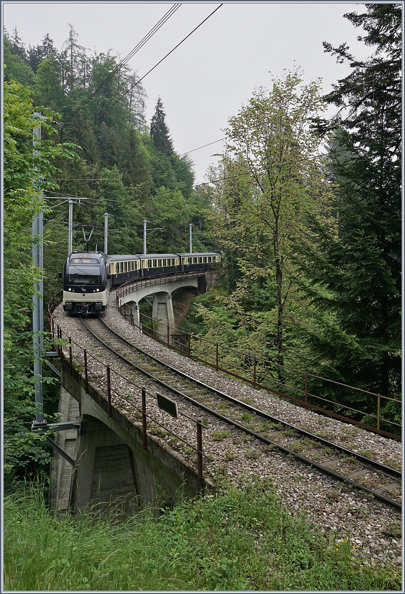 Nun ist er wieder auf drei Mittelwagen angewachsen, der MOB  Belle Epoque ; hier auf der Fahrt von Zweisimmen nach Montreux kurz vor Sendy-Sollard.

16. Mai 2020