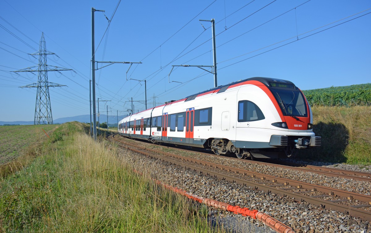 RABe 522 201 als Regionalzug 11237 La Plaine - Gen�ve am 22.08.2015 zwischen Russin und Satigny