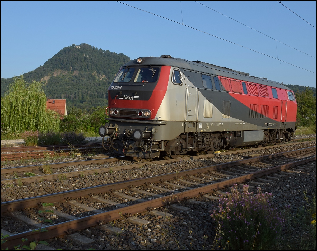 Rheintalumleiter im Hegau.

Für den Autozug nach Lörrach kam die ehemalige GKB-Lok 218 256 
nach Singen geeilt, lange vor ihrem Zug. Im Hintergrund der höchste der Hegauvulkane, der Hohenhewen.

Welschingen, August 2021.