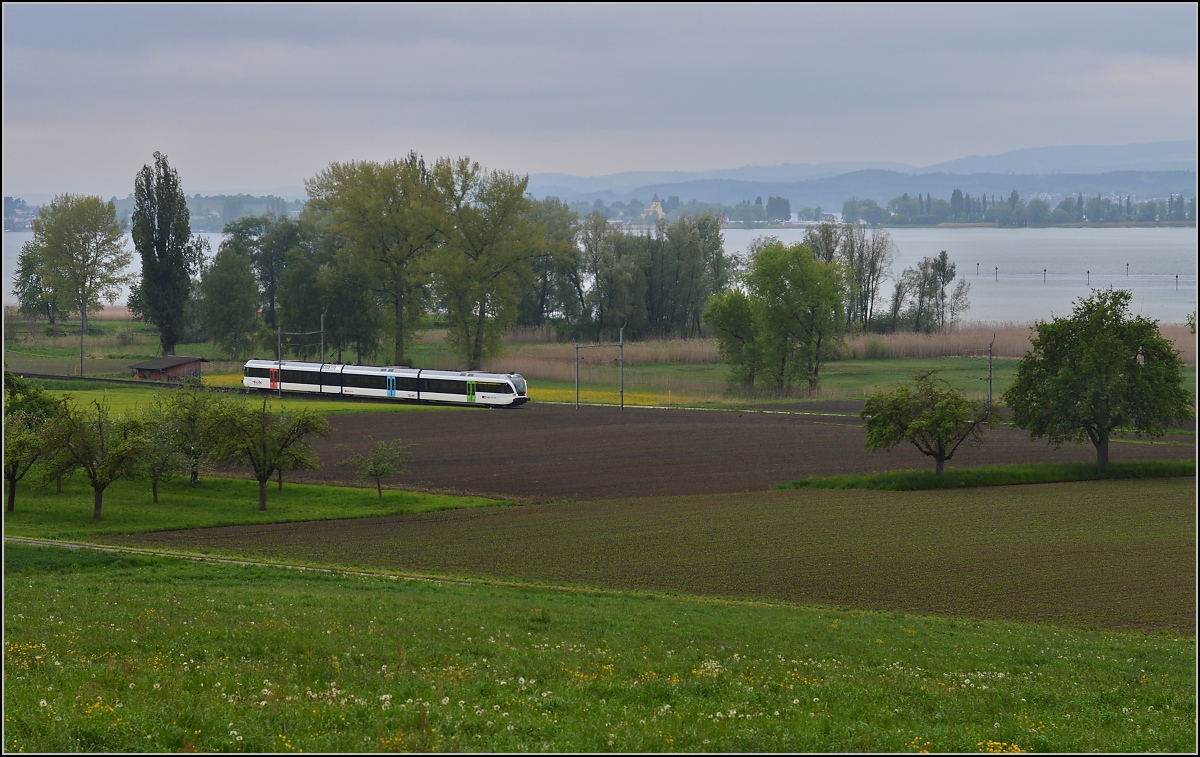 Sauwetter bei Triboltingen. 

S-Bahn Schaffhausen-Herisau mit GTW der Thurbo am Untersee. Im Hintergrund St. Georg, Teil des Unesco Weltkulturerbes auf der Reichenau. Mai 2014.
