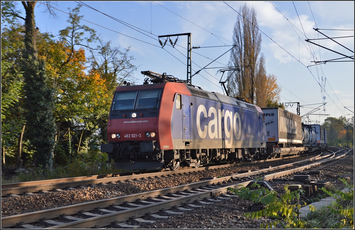 SBB Cargo Re 482 021-3 bei der Murgbrücke in Rastatt. November 2014.
