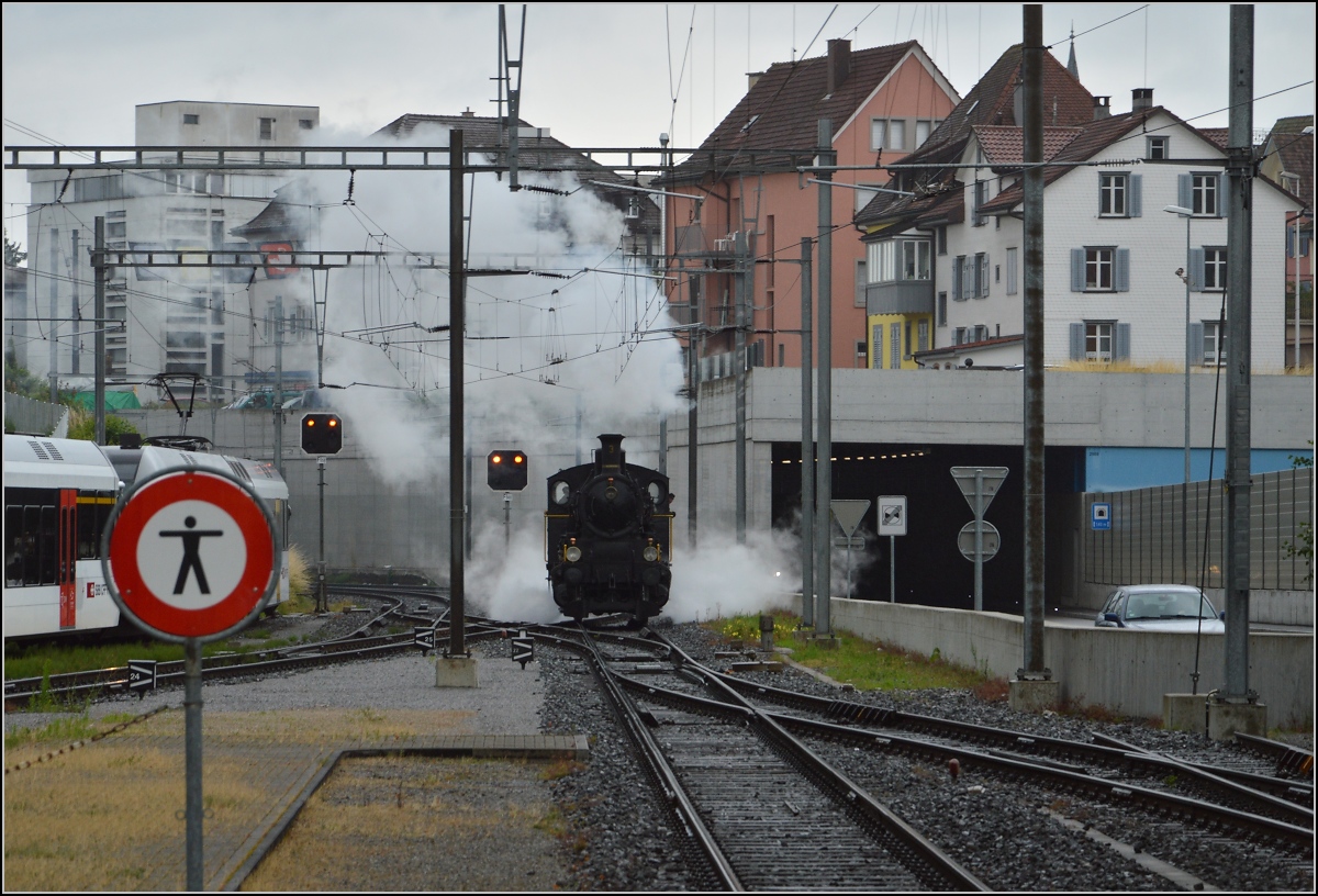 Uferdampffahrten mit der MThB 3. 

Ec 3/5 der historischen Mittelthurgaubahn rangiert in Kreuzlingen und nebelt gleich den Strassentunnel ein. Juni 2014.