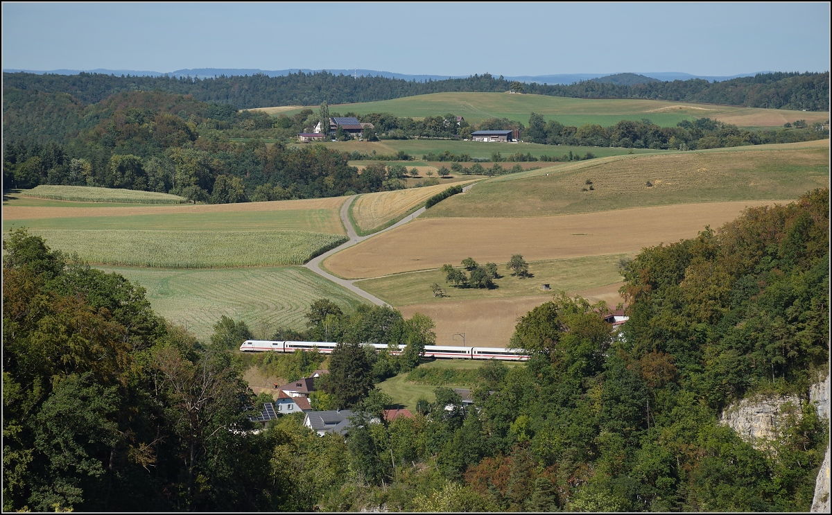 Umleiterverkehr auf dem Läufelfingerli. Bei Bukten ist die einzige Stelle, wo die Strecke die Jurahochfläche berührt. Im Faltenjura sind anders als auf der Schwäbischen Alb die Sedimentschichten verbogen und gewellt. Dahinter ist das viel tiefer liegende Grundgestein sichtbar, das Gebirge im Hintergrund ist der Schwarzwald. Garniert von einem ICE, der gerade Bukten durchfährt. August 2018.