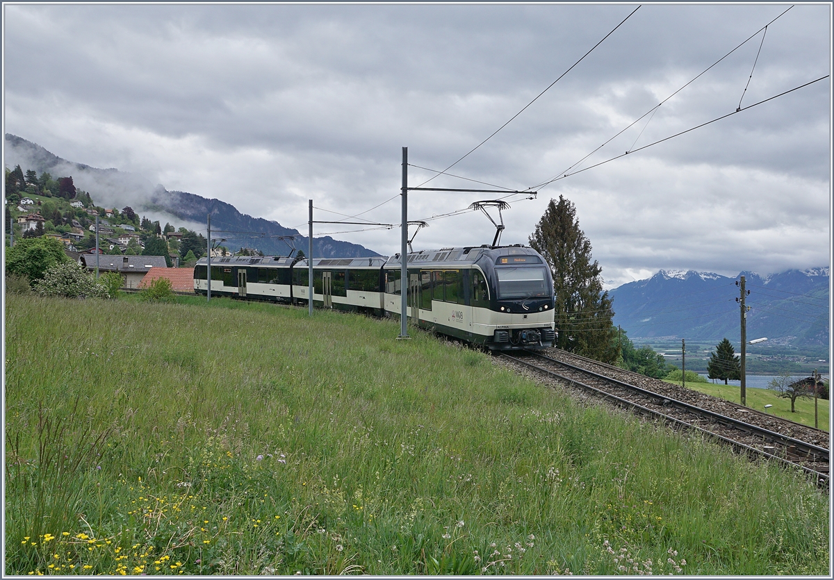Zwei Alpina ABe 4/4 - Be 4/4 Serie 9000 sind mit nur einem Zwischenwagen bei Sonzier als Regionalzug von Zweisimmen nach Montreux unterwegs. 

2. Mai 2020