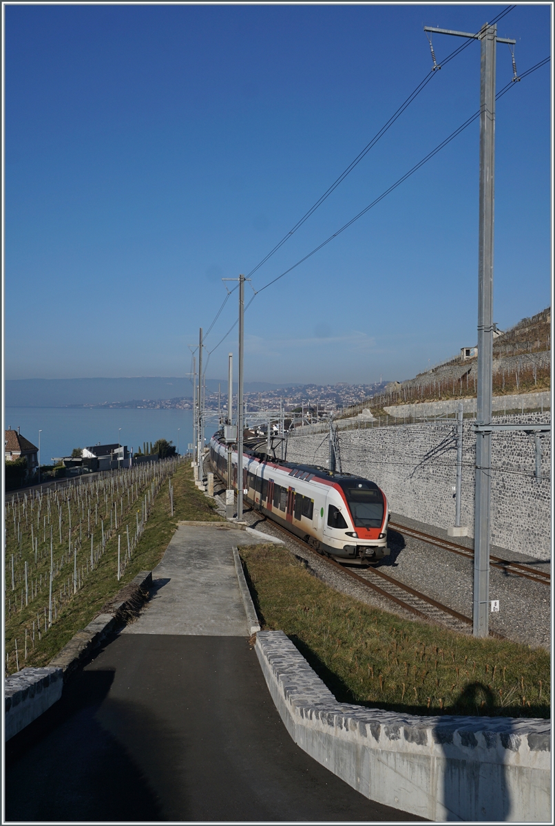 Zwei SBB RABe 523 verlassen Cully in Richtung Lausanne. 

16. Feb. 2023
