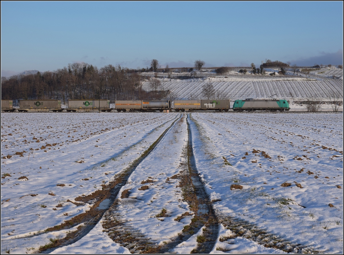 Zwischen Belchensystem und Blauendreieck. 

Angel Train 185 609 Richtung Basel bei Buggingen. Februar 2021.