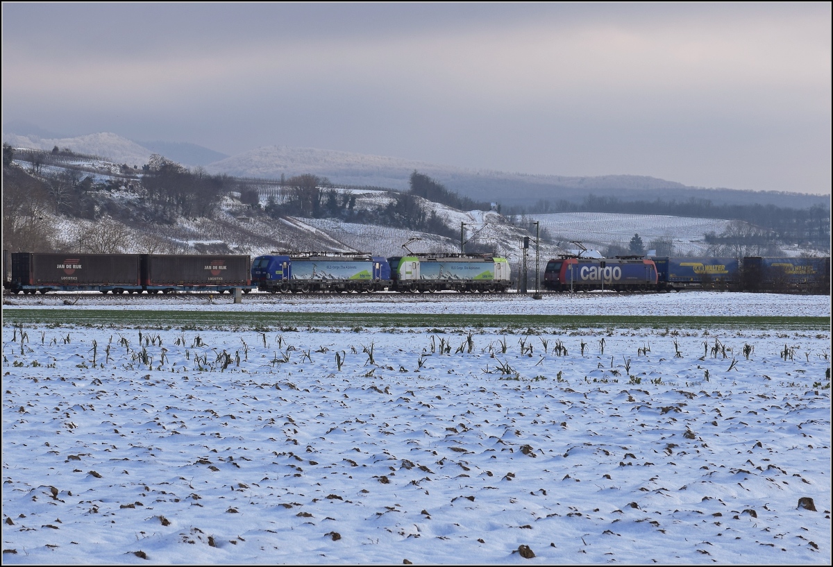 Zwischen Belchensystem und Blauendreieck. 

Die neue (vorübergehende) Fotostelle erlaubt schöne Fernblicke hinter dem Zug. Hier begegnen Re 475 409 und 193 496 der BLS der Re 482 021 der SBB. Buggingen, Februar 2021.