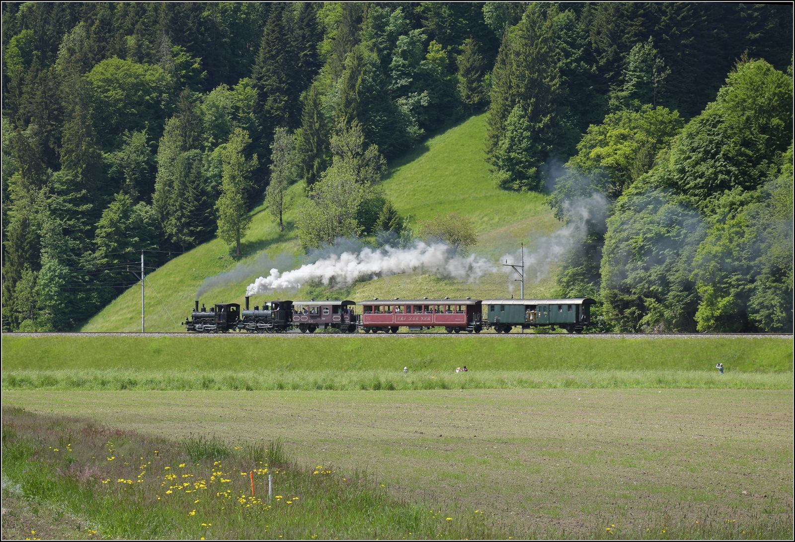 150 Jahre Emmentalbahn. 

Fotogene Vorbeifahrt von E 3/3 853 der Jura-Simplon und Ed 3/3 3 'Langnau' der Emmentalbahn mit ihrem Sonderzug auf der Bern-Luzern-Bahn. Emmenmatt Ried, Mai 2025.