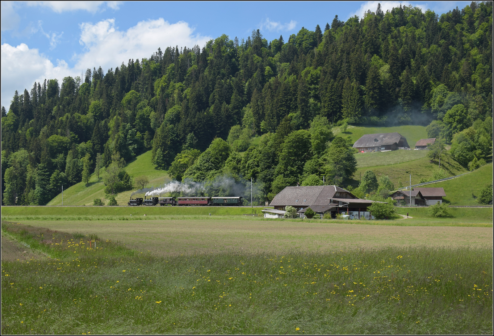 150 Jahre Emmentalbahn. 

Fotogene Vorbeifahrt von E 3/3 853 der Jura-Simplon und Ed 3/3 3 'Langnau' der Emmentalbahn mit ihrem Sonderzug auf der Bern-Luzern-Bahn. Emmenmatt Ried, Mai 2025.