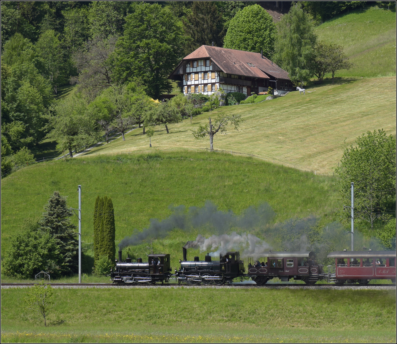 150 Jahre Emmentalbahn. 

Fotogene Vorbeifahrt von E 3/3 853 der Jura-Simplon und Ed 3/3 3 'Langnau' der Emmentalbahn mit ihrem Sonderzug auf der Bern-Luzern-Bahn. Der scheinbar etwas zu sp�te Ausl�sezeitpunkt r�ckt die 144-j�hrige Ed 3/3 3 'Langnau' ein wenig in den Mittelpunkt, zumal bei diesem Bild sich die Dampf- und Rauchwolken die zweite Lok auch noch passend betonen. Emmenmatt Ried, Mai 2025.