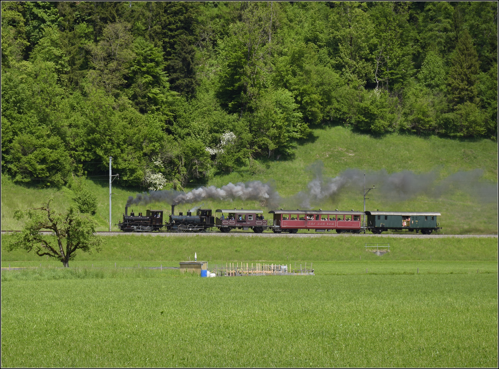 150 Jahre Emmentalbahn. 

Fotogene Vorbeifahrt von E 3/3 853 der Jura-Simplon und Ed 3/3 3 'Langnau' der Emmentalbahn mit ihrem Sonderzug auf der Bern-Luzern-Bahn. Der Star des Fests war immer als zweite Lok eingereiht. Emmenmatt Ried, Mai 2025.