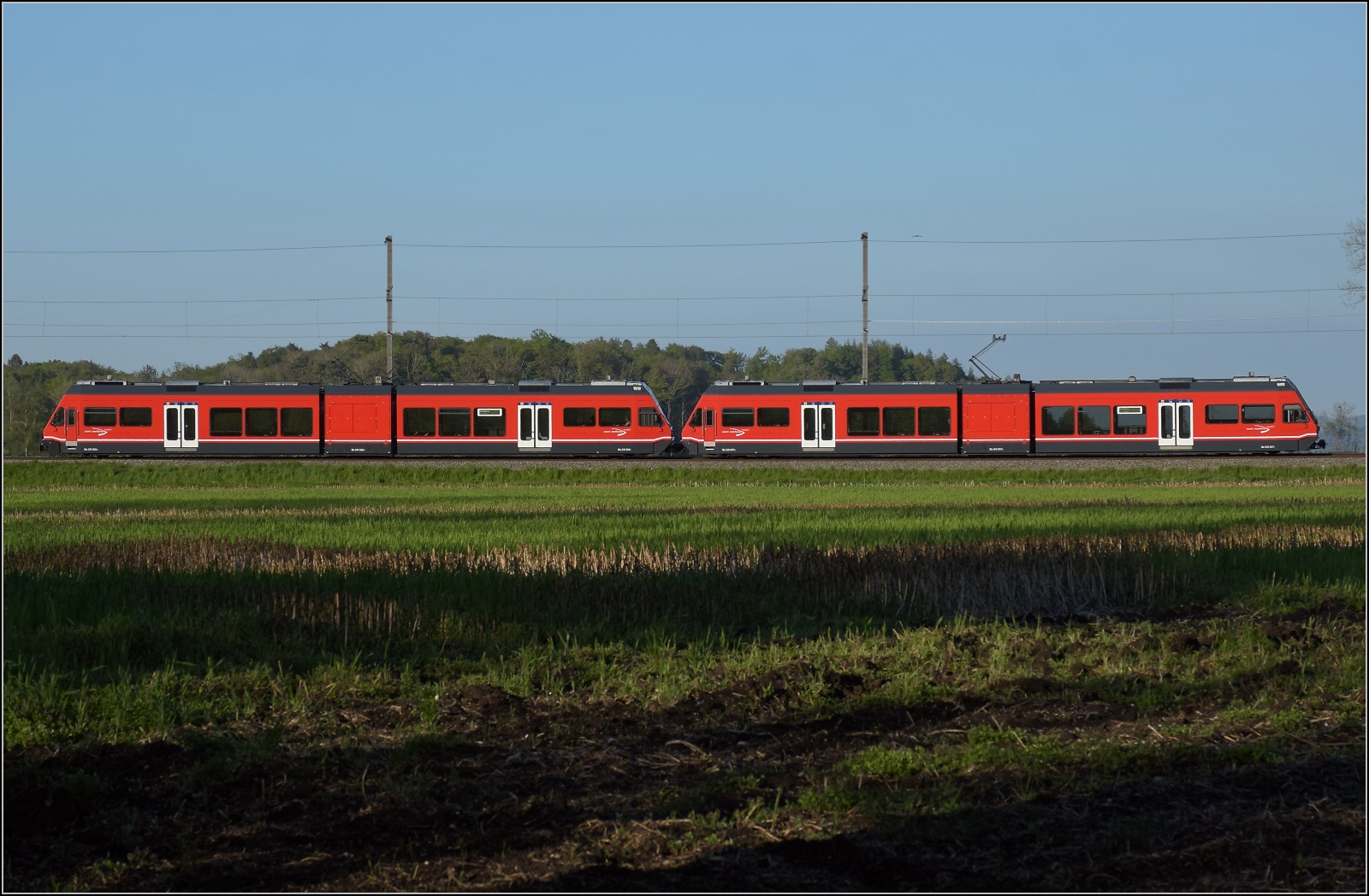 Auf der Biel-Täuffelen-Ins Bahn.

GTW Be 2/6 502 und GTW Be 2/6 507 der ASm im Lüscherzer Moos. April 2022.