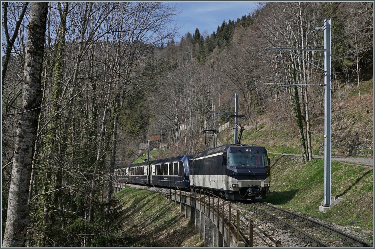 Auf der Suche nach einer geeignete Fotostelle für den Golden Pass Express GPX bin ich auf diese hier zu sehende Stelle gestossen: Zwischen Sendy-Sollard und Les Avants fährt die MOB Ge 4/4 8002 mit dem GoldenPass Express GPX 4074 von Montreux nach Interlaken Ost durch den noch kahlen Wald.

22. März 2024 