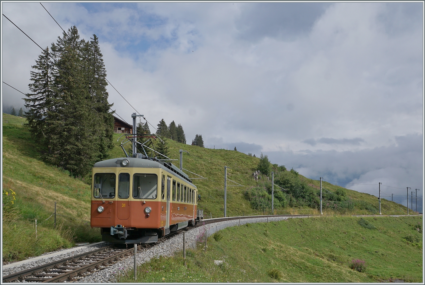 Der BLM Be 4/4 31  LISI  ist zwischen Winteregg und Grütschalp als Regionalzug R 66 (Mürren Grütschalp) unterwegs. 

8. Aug. 2024