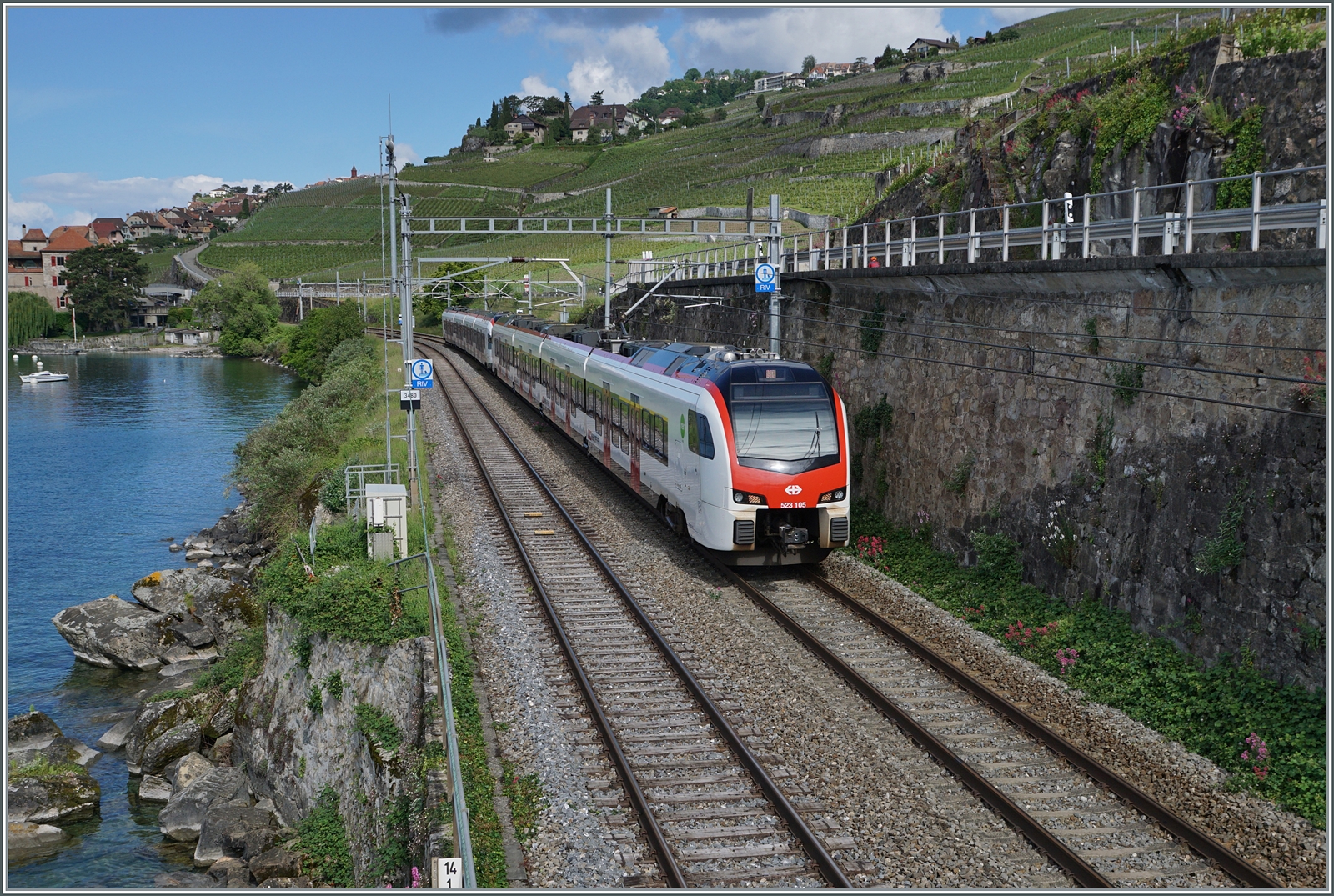 Der SBB RABe 523 105 (Flirt3) ist mit einem Flirt1 bei Rivaz auf dem Weg in Richtung Vevey. Das gemischte Verkehren verschiedener Flirt Generationen funktioniert recht gut und wird auch häufig angewandt, da z.B für die  Flügel Züge von Aigle nach Vallorbe/Le Brassus unterschiedliche Umlaufzeiten vorhanden sind, d. h. während der in Vallorbe angekommene Flirt auf den Gegenzug wendet, ist der nach Le Brassus fahrende gerade mal in Le Pont angekommen und kreuzt dort mit dem Gegenzug, der dann in Le Day mit dem von Vallorbe kommenden Flirt vereinigt wird; somit wird also für das Vallée de joux wird ein Umlauf mehr benötigt. 

28 Mai 2024