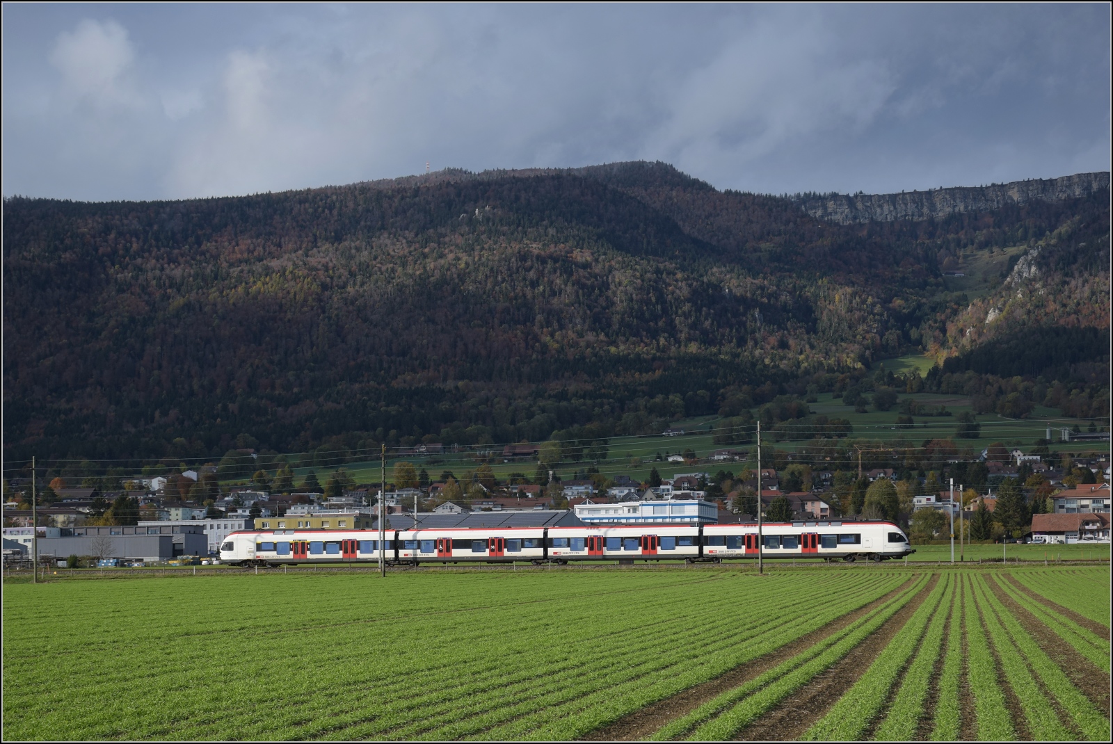 Ein bisschen Jurasüdfuss.

Ein unbekannt gebliebener RABe 523 bei Grenchen während im Hintergrund einige Regenschauer die Landschaft etwas eigenartig aussehen lassen. November 2023.