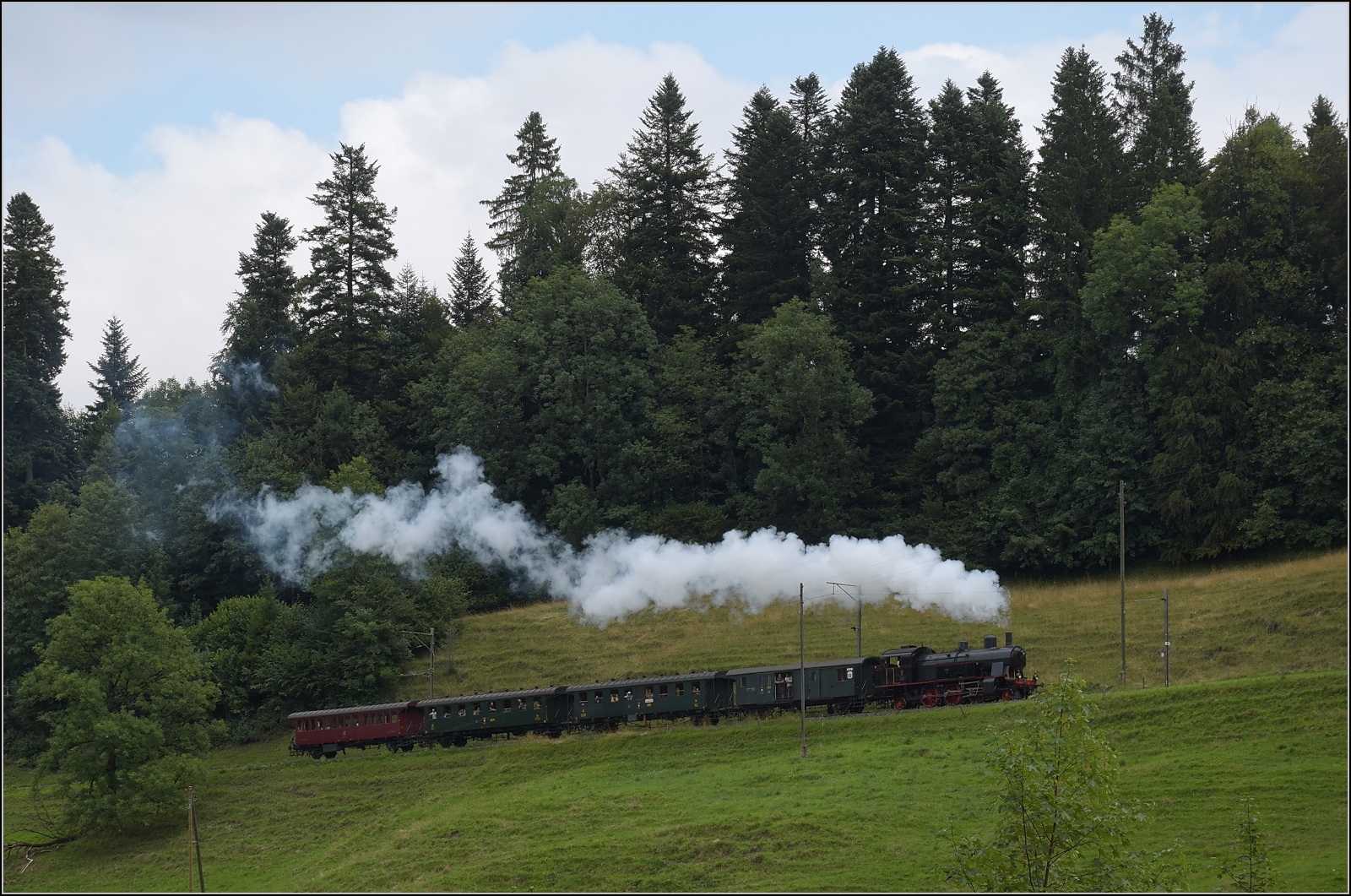 Fahrtag im Zürcher Oberland. 

Eb 3/5 der BT kämpft im Weidli bei Bauma mit der Rampe nach Neuthal. Juli 2023.