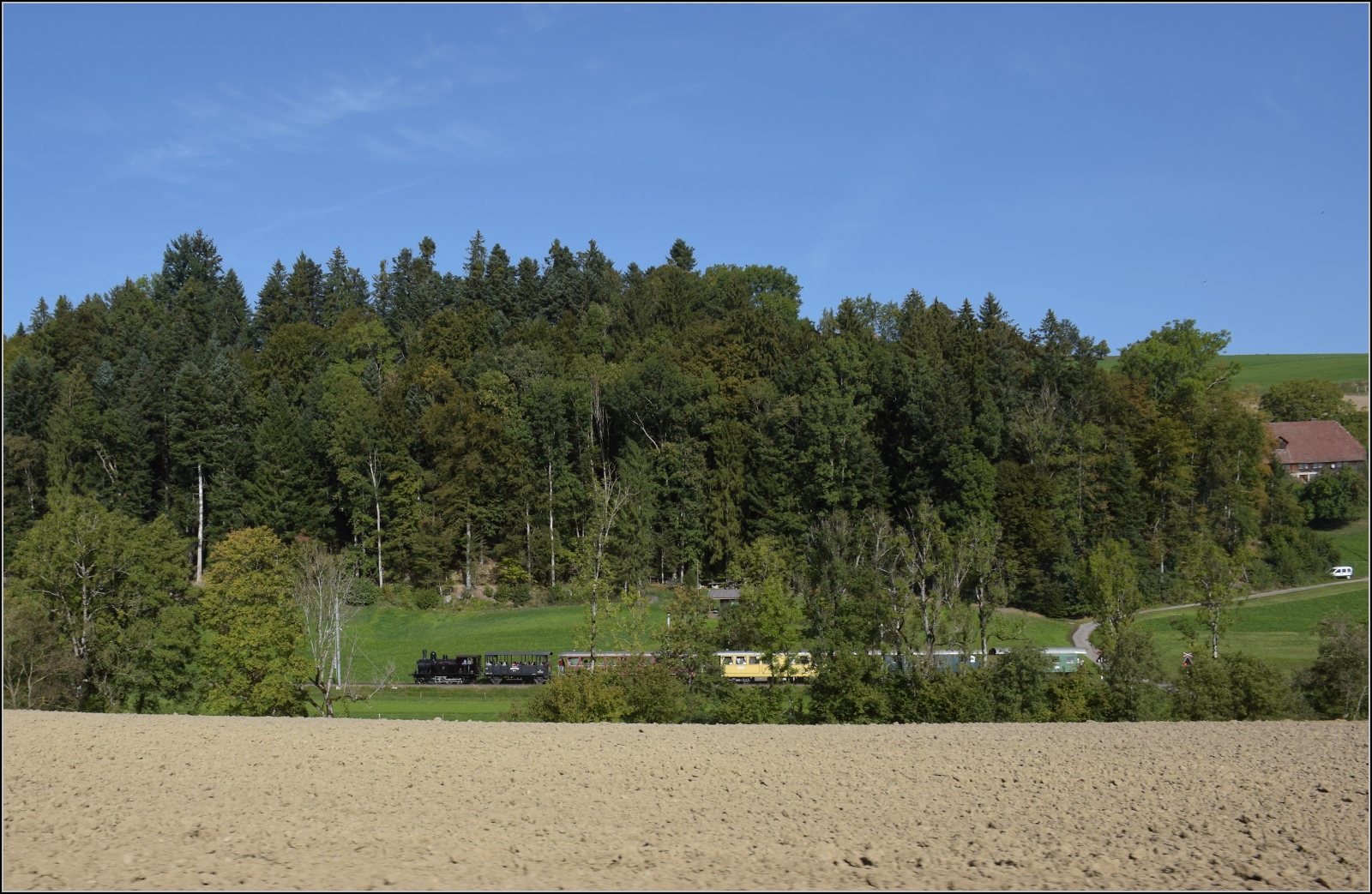 Huttwiler Dampftage. 

Ed 3/4 51 der Bern-Schwarzenburg-Bahn auf dem Weg nach Sumiswald und Wasen. Meibach, Oktober 2023.