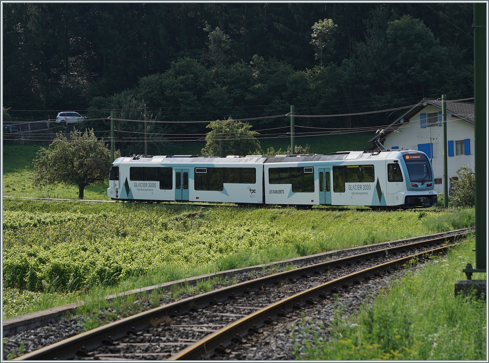 In den Weinbergen oberhalb von Aigle ist der neue ABe 4/8 473  Glacier 3000  auf dem Weg nach Les Diablerets.

3. Aug. 2024