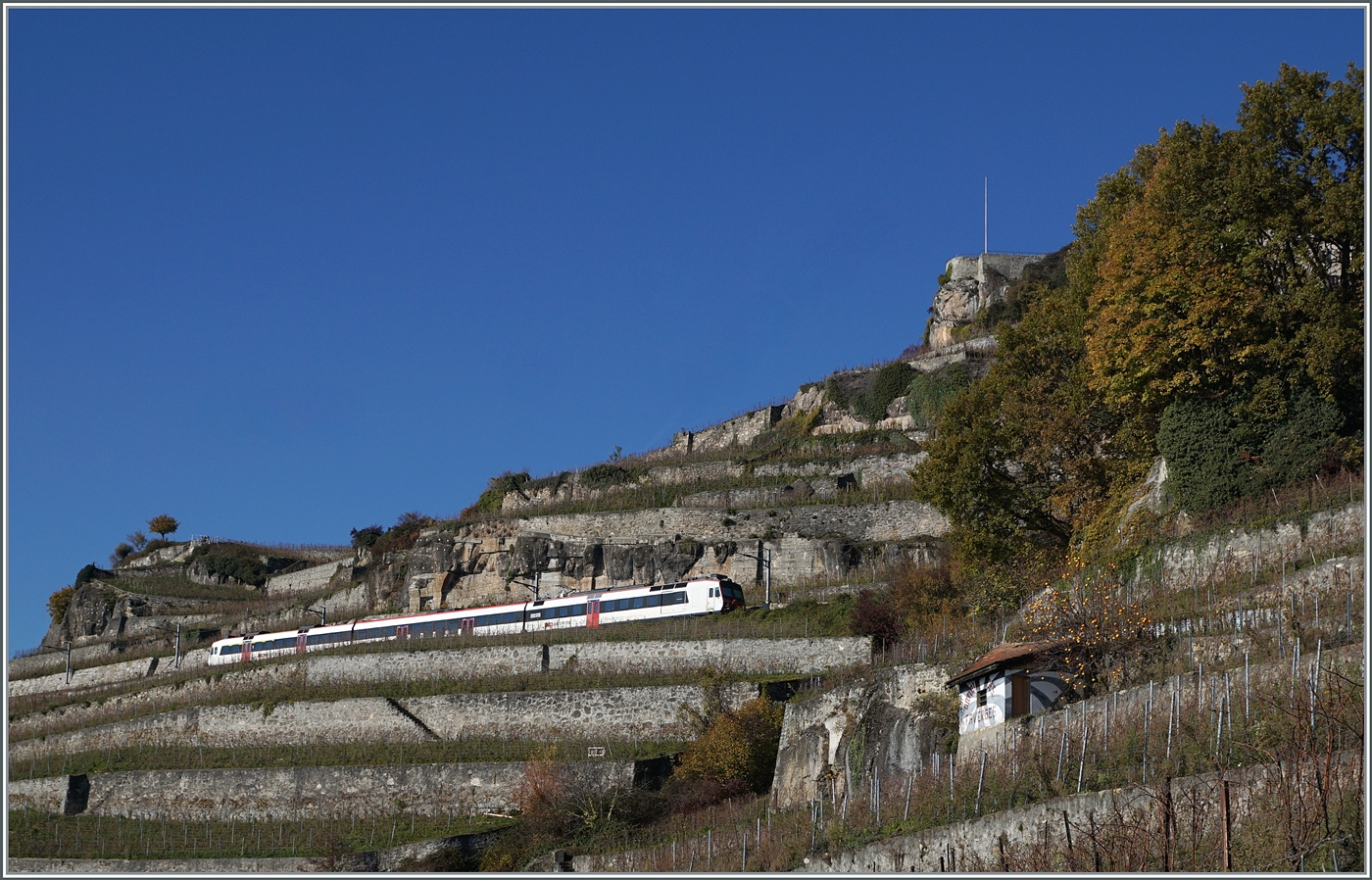 Kurz nachdem Verlassen des 20 Meter langen Salanfe Tunnel oberhalb von St-Saphorin ist der SBB RBDe 560 210 (UIC RBDe 560 DO 94 85 7 560 210-7 CH-SBB) als R 7 24748 auf dem Weg von Vevey nach Puidoux.

15. Nov. 2024 

