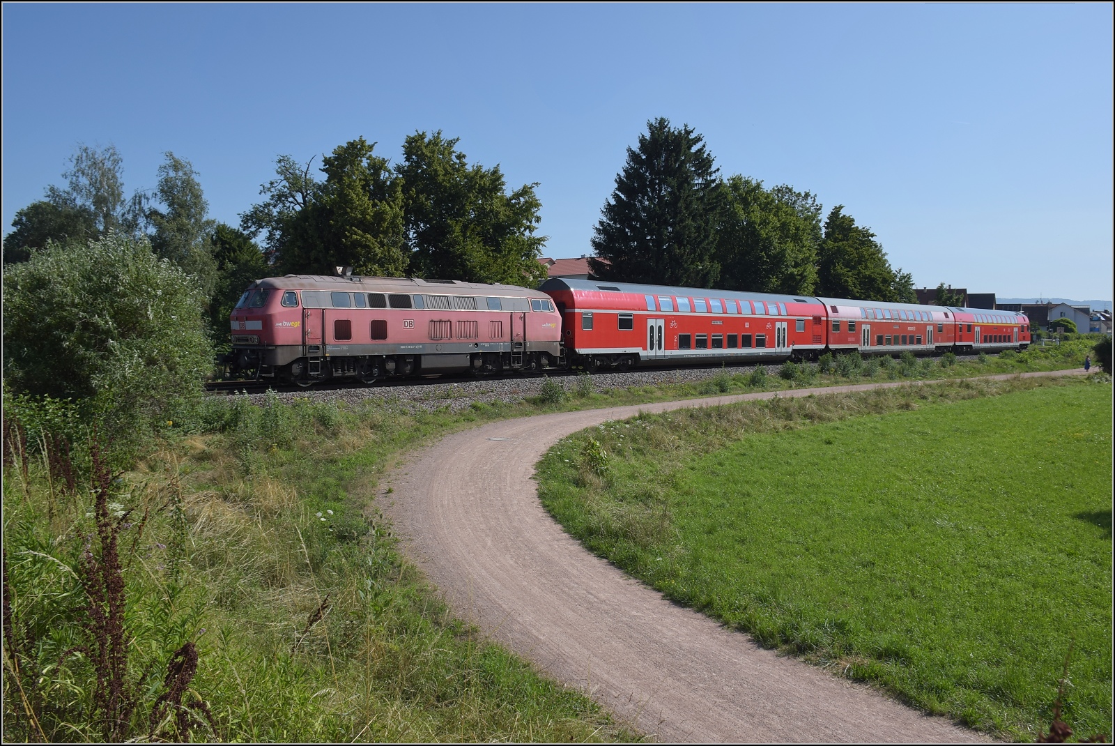 Nur für kurze Zeit: Fast historischer Grossdiesel an zwei Stellen in der Schweiz. Aus Basel bad Bf brummt 218 417 vorbei mit Ziel Friedrichshafen. Ihr Motor ist weithin hörbar, aber direkt neben der Strecke ist sie eine dahingleitende Flüsterlok. Hingegen das Rumpelstilzchen alias Heulsuse alias BR 245 hat zwar leise Dieselmotoren, benimmt sich ansonsten aber eher wie eine Gleisstopfmaschine... Warmbach, Juli 2023.