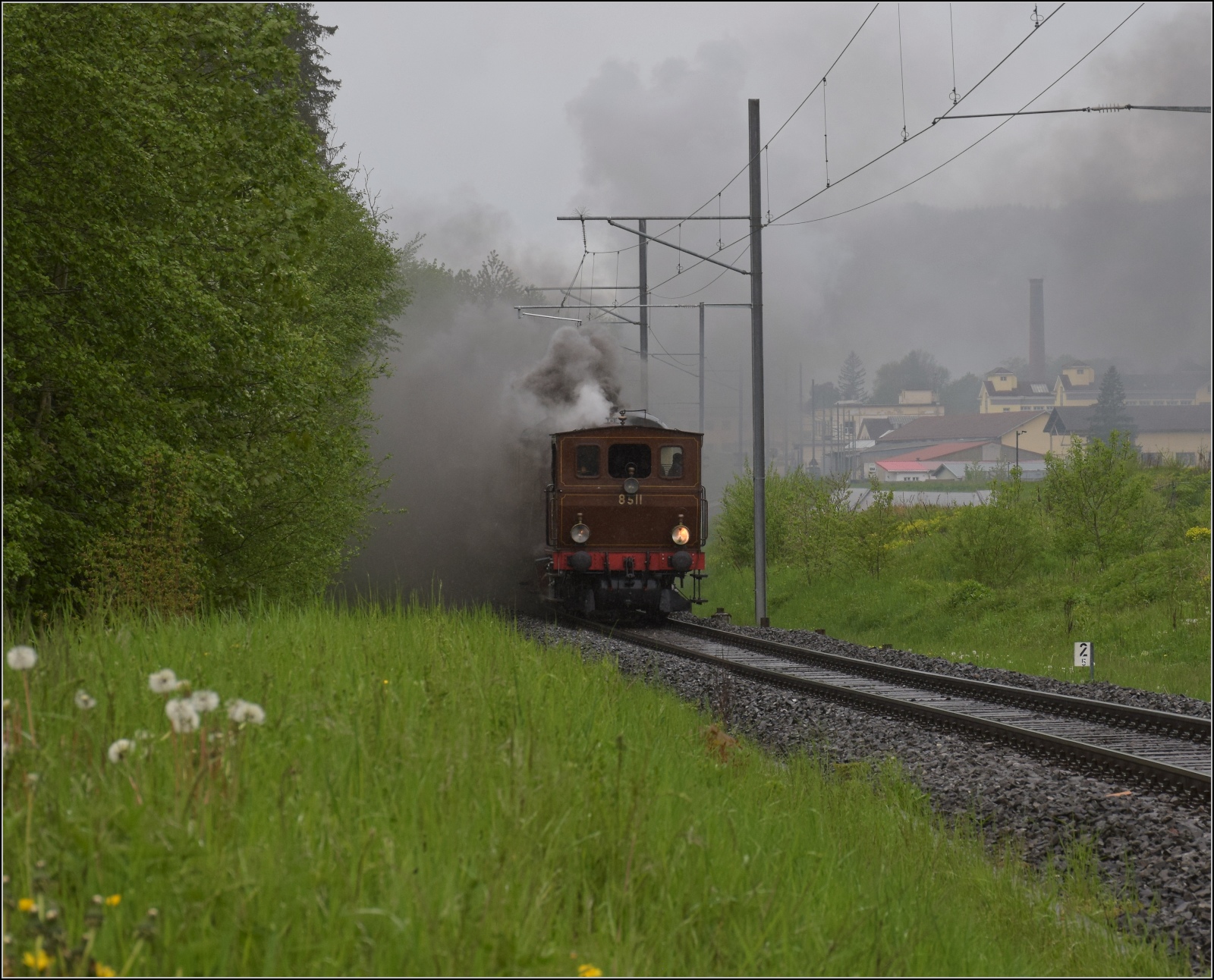 Vapeur Val-de-Travers: Train  Au fil de l'Areuse .

E 3/3 8511 nähert sich den Asphaltminen von La Presta. Mai 2023.