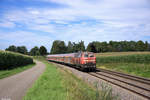 218 417-4 mit dem IRE 4223 (Stuttgart Hbf - Lindau Hbf) am 29.07.2017 zwischen Biberach(Riß) und Bad Schussenried.
