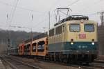 Die 140 423 zieht am 12.3.11 einen leeren Auozug von Venlo nach Merzig (Saar).