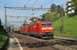 Zwei DB 185 mit einem G�terzug Richtung Norden weit im S�den der Schweiz bei Lugano Paradiso.