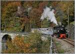 La DER 2019 (Saison Abschluss 2019) Mit einem farblich einheitlichen Zug ist die SEG G 2x 2/2 105 der Blonay - Chamby Bahn im Herbstlichen Wald bei Vers-Chez-Robert auf dem Weg nach Chaulin.