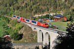 Die Talstufe von Grengiols MGB: HGe4/4 4 (ehemals Brig-Visp-Zermatt Bahn) nimmt mit dem Glacier Express die Zahnstange und den Aufstieg von Grengiols in Angriff.
