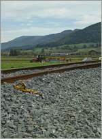 Bei einem Anschlussgleis in Glovelier stehend gleitet der Blick ins Tal in Richtung Delémont, und in der Ferne ist ein SBB RBDe 560 Domino zu erkennen.