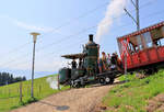 Die Stehboiler-Dampflok Nr. 7 von 1873 der Rigi Bahn: Abstieg nach Vitznau, unterhalb Staffelhöhe. 21.August 2021 