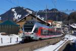 SOB: FLIRT RABe 526 046-8 als S 31 in Sattel-Aegeri am 26, Februar 2015.
Foto: Walter Ruetsch