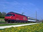 Oberhalb von Kreuzlingen fährt Re 460 000-3 mit dem IR Konstanz-Biel am 25.04.2010 den Seerücken hinauf.