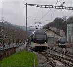 Der CEV MVR GTW SURF (S�rie Unifi�e Romande pour R�seau Ferr� m�trique) ABeh 2/4 7504  Vevey  und 7501  St-L�gier La Chiesaz  in Vevey.