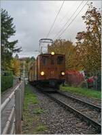 La DER de la Saison / Das Saison Ende der Blonay Chamby Bahn 2025 - Seit einigen Jahren zeigt die Blonay Chamby Bahn zum Saison Ende mit einem verdichteten Fahrplan noch einmal ihre herrlichen Fahrzeuge im Einsatz: Sozusagen als Krönung ganz zum Schluss zeigt sich die RhB Ge 4/4 81 mit dem Riviera Belle Epoque Zug 813571 von Vevey nach Chaulin kurz vor der Ankunft in Blonay. 26. Oktober 2025