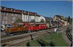 50 Jahre Blonay Chamby - MEGA BERNINA FESTIVAL: Die RhB Berninabahn Ge 2/2 161 Asnin (Eselchen) hilft dem RhB Berninabahn ABe 4/4 I N° 35 als Vorspannlok auf der Fahrt von Blonay nach Chamby.