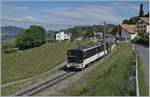 Die MOB GDe 4/4 6005 hat mit ihrem Pe 2111 ihr Ziel Montreux schon fast erreicht, als sie mit dem nun auf fünf Wagen angewachsenen Zug bei Planchamp vorbei fährt.