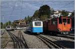 Von rechts nach links zeigen sich HGe 2/2 N° 2, Bhe 2/4 207 und die Bhe 4/8 301 und 305 in Glion.