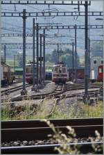 Ein Blick über die Normalspurgleise: Im TPC Depot rangiert der AOMC BDeh 4/4 513.