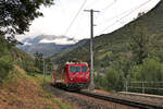 Stalden, MGB: Lok 3 (ehemals Brig-Visp-Zermatt Bahn BVZ) erklimmt die Steilrampe aus dem Tal nach Stalden. 30.August 2025  