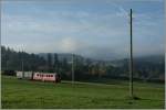 In der Weite der Juralandschaft ist bei La Cibourg ein ex RhB  Aroasbahn -Triebwagen mit einem M�ll-G�terwagen untnerwegs.