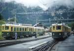 An einem regnerischen Junitag 1990 stehen zwei BDhe 4/4 mit unterschiedlichen Stromabnehmern im Bahnhof Grindelwald Grund