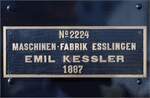 DVZO Dampffest 2017.

Fabrikschild der E 3/3 4 'Schwyz' mit Nr. 2224 der Maschinen-Fabrik Esslingen, Emil Kessler, 1887. Bäretswil, Oktober 2017.