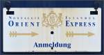 Die letzte Anmeldung zum Orientexpress ist doch schon einige Jahre her. Doch noch immer h�ngt das Schild am Begleitwagen zum Orientexpress. Sulgen, April 2014.